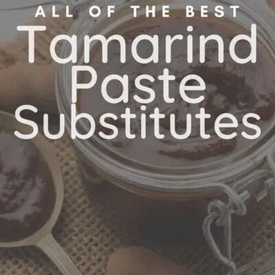 Best tamarind paste substitute pin with jarred paste in background with vignette and text overlay.