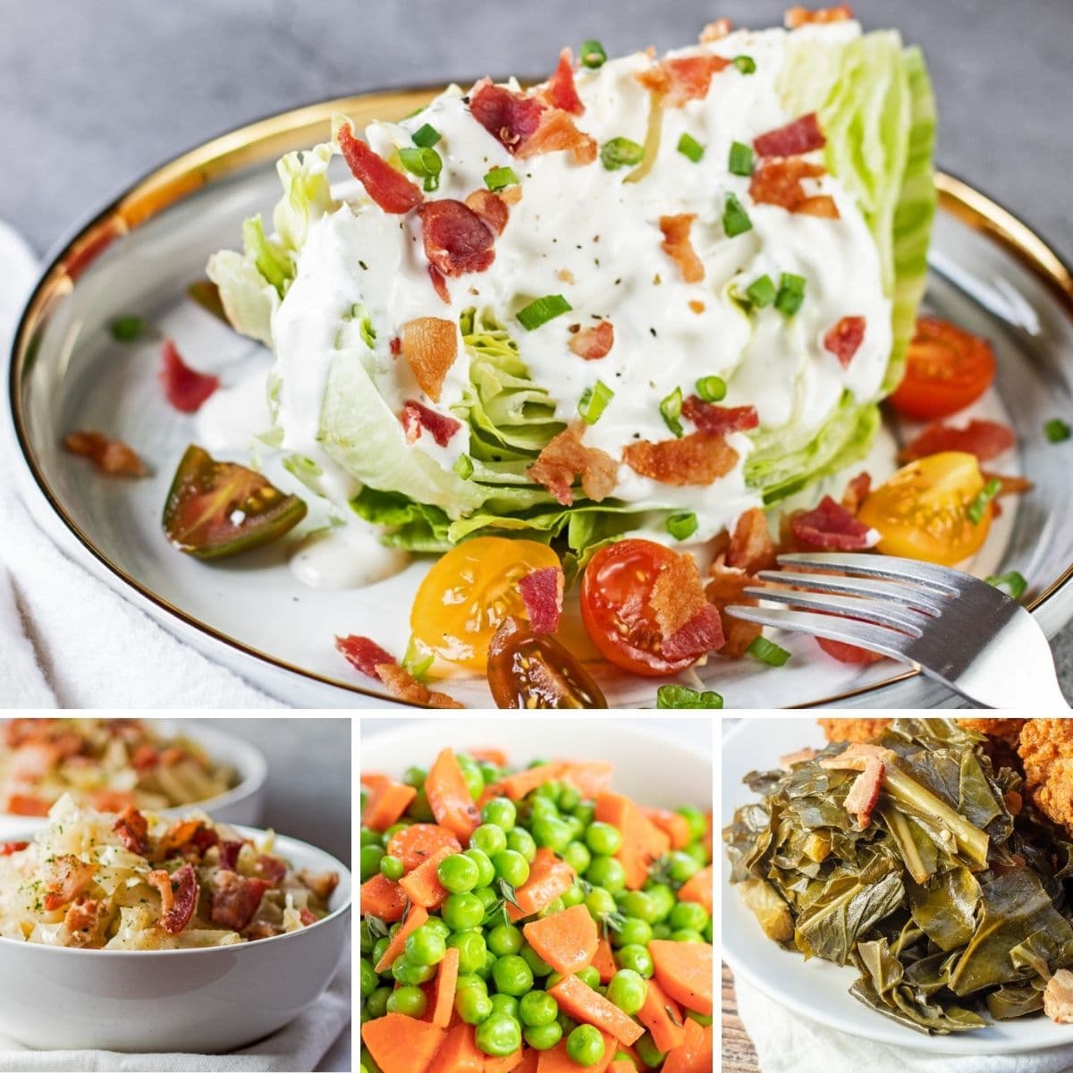 Beste plantaardige bijgerechten om bij elke maaltijd te serveren, zoals weergegeven met deze 4 aanbevolen recepten in een collage-afbeelding.