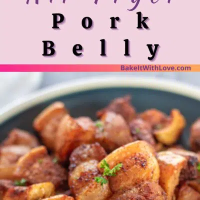 Pin image of a plate of air fryer pork belly bites.