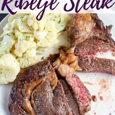 Best air fryer steak recipe pin with text header above sliced ribeye steak image.