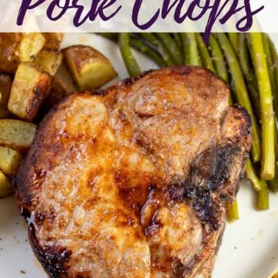 Perfect air fryer thick cut pork chops pin with text overlay.