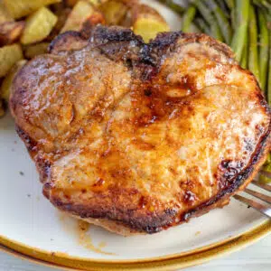 Closeup on the plated air fryer thick cut pork chop.