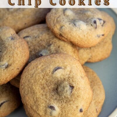 Pin image with text of a plate of baileys chocolate chip cookies.