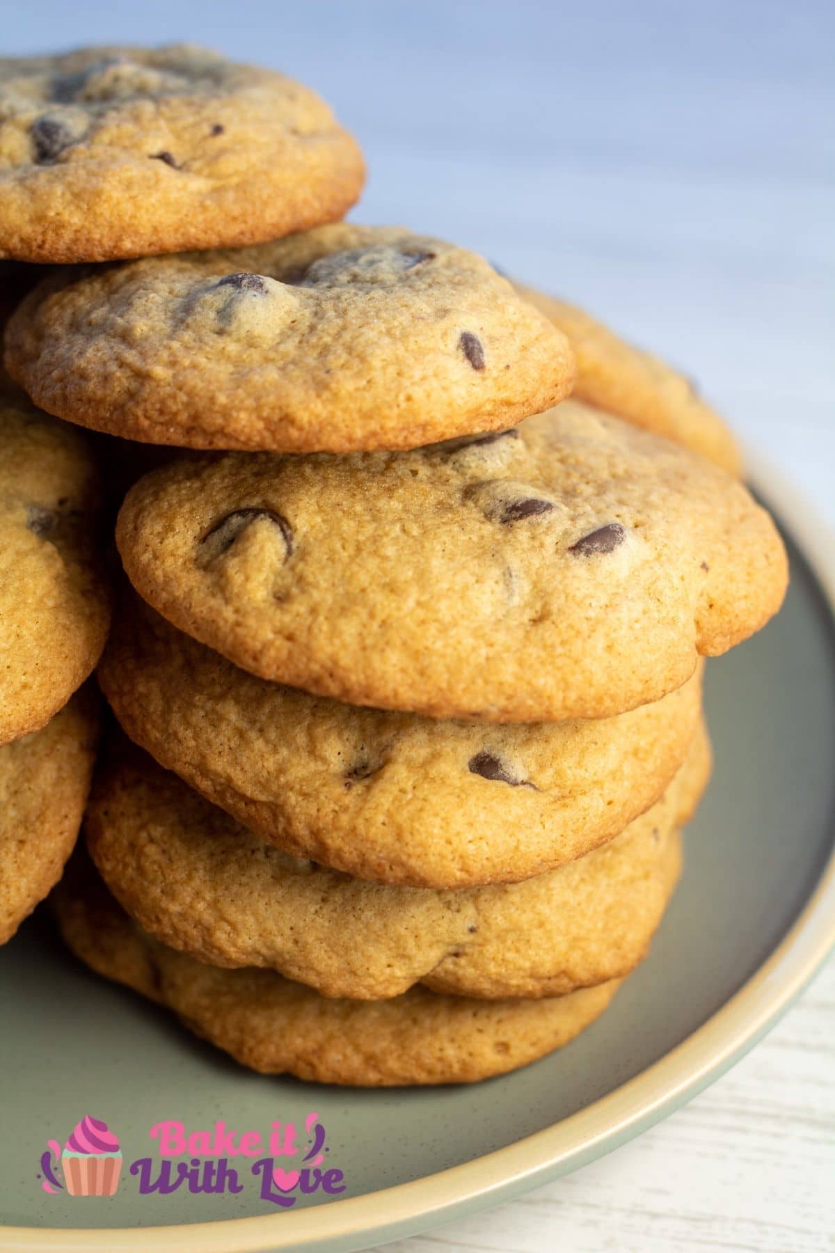 Tall image of a plate of baileys chocolate chip cookies.