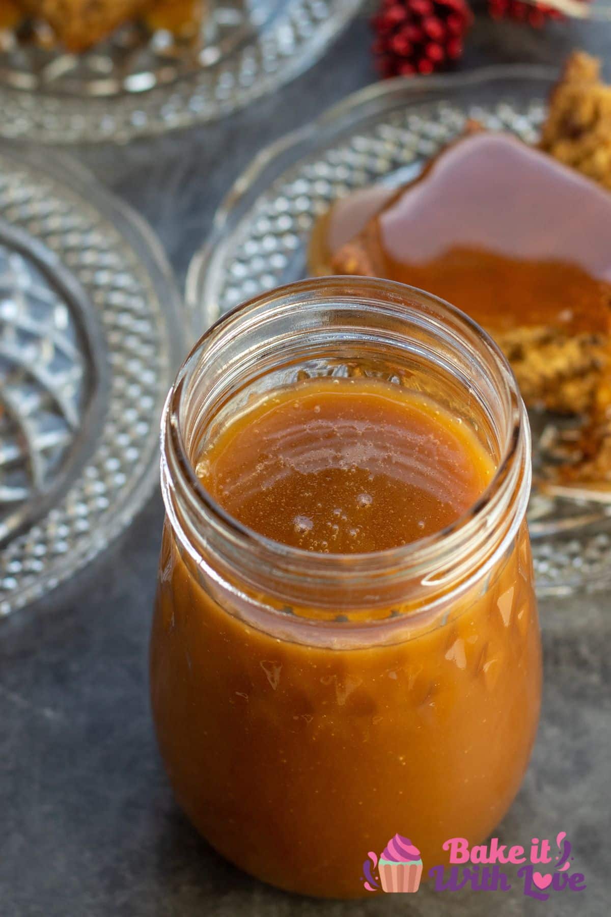 Pin image of English toffee sauce in a glass jar.