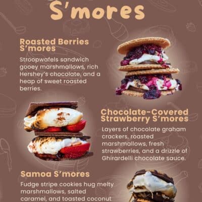 A gourmet s'mores Pinterest pin with a brown background and three images showing roasted berries s'mores, chocolate-covered strawberry s'mores, and samoa s'mores with descriptions of each next to the corresponding image.