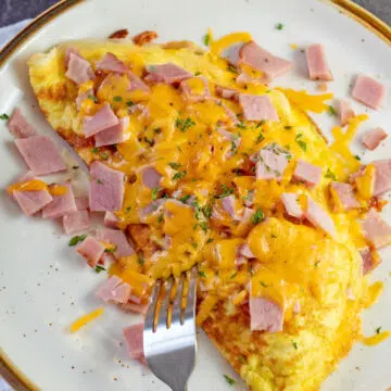 Wide overhead of the ham & cheese omelet on tan plate.