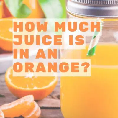 Pin image with text showing orange juice next to orange fruit.