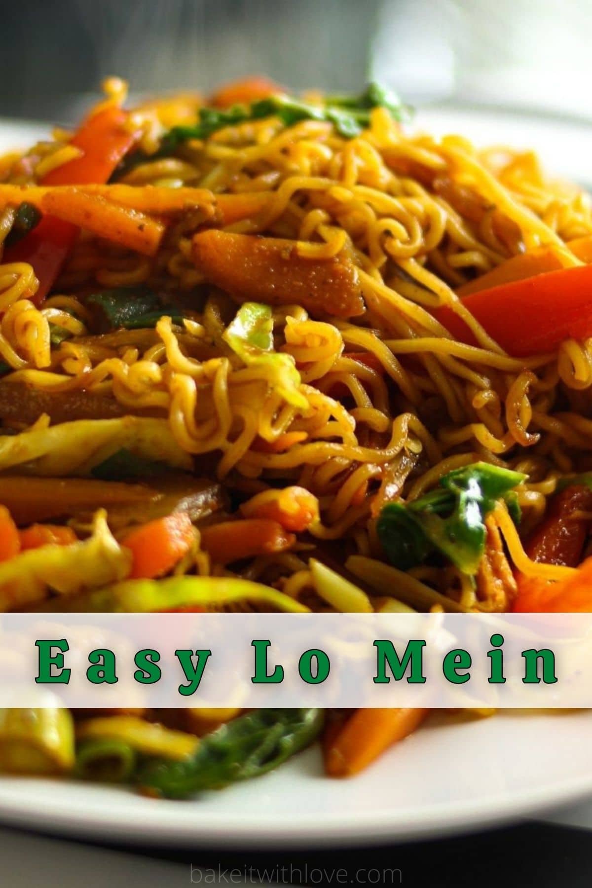 Pin image with text of a white plate of lo mein.
