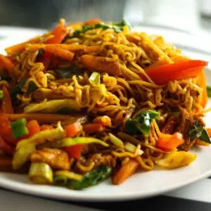 Square image of a white plate of lo mein.