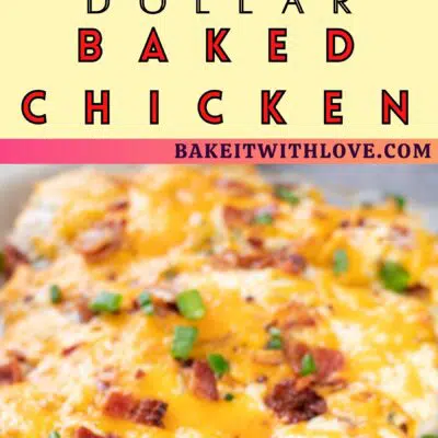 Pin image of baked million dollar chicken cut open on a plate.