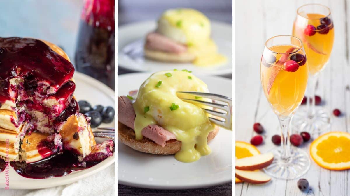 A wide trio of tall images showing Mother's Day brunch recipes including homemade blueberry pancakes with blueberry syrup, a fork cutting into prime rib eggs benedict, and two Mimosa mocktails in champagne glasses with fresh berries and orange slices.