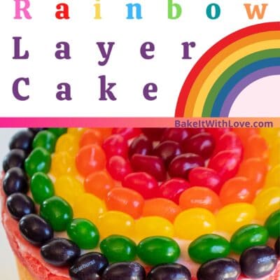 Pin image with text of multi layered rainbow cake.