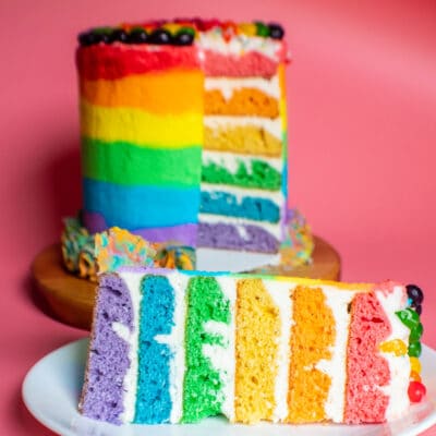Square image of multi layered rainbow cake.