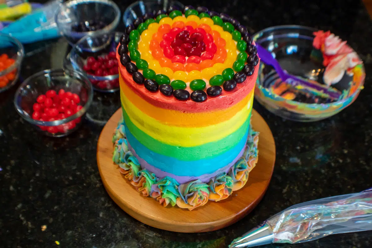 Wide image of multi layered rainbow cake with jelly beans on top.