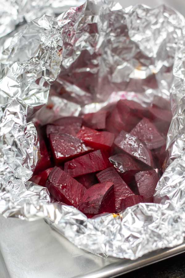Process photo 2 roasted beets in pouch after roasting and before serving.
