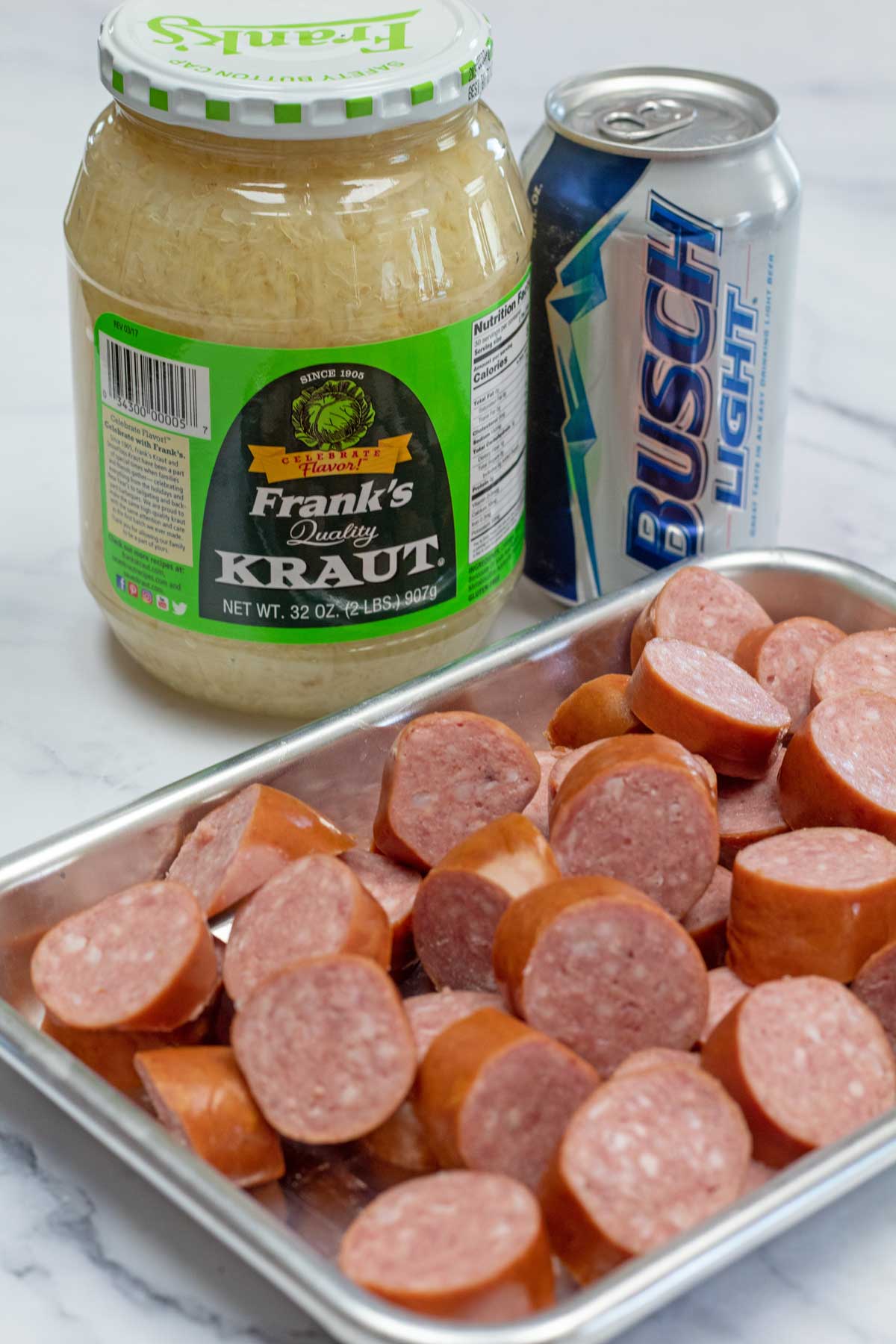 Slow cooker kielbasa and sauerkraut ingredients needed to get make this crockpot meal.