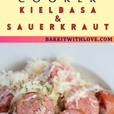 Best slow cooker kielbasa and sauerkraut pin with 2 images and text divider.