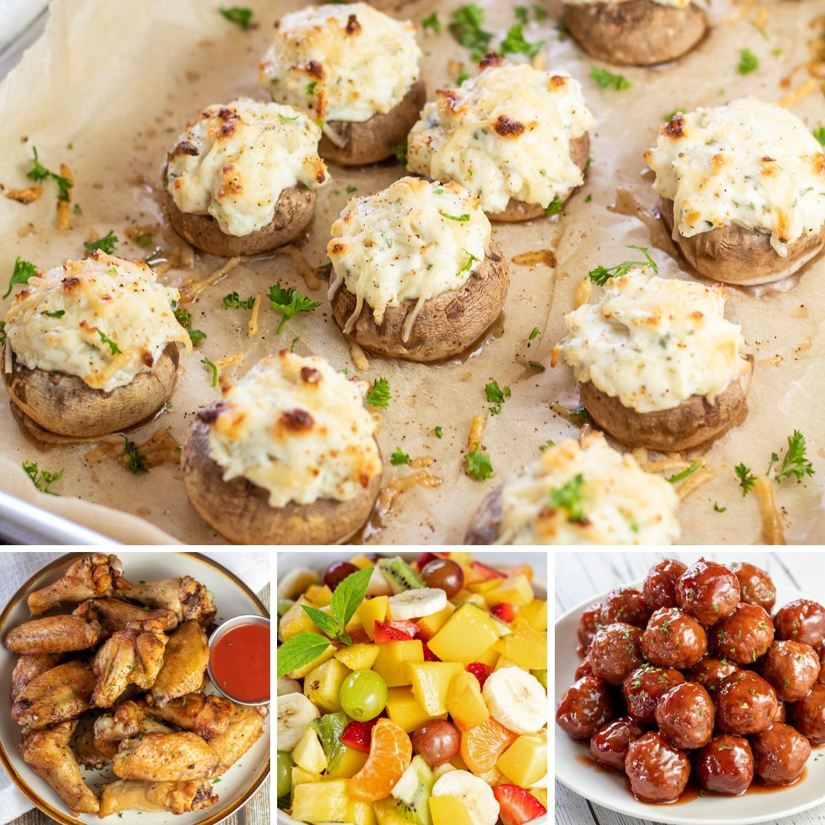 Tasty, easy-to-make 4th of July appetizers featuring 4 recipe images in a collage.