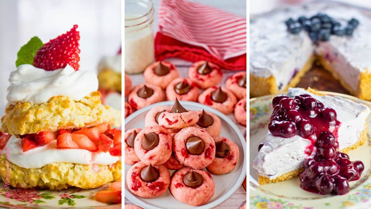 A horizontal triptych showing three festive desserts. On the left, a strawberry shortcake with whipped cream and fresh strawberries. In the center, a plate of pink thumbprint cookies with chocolate kisses in the middle. On the right, a slice of blueberry cheesecake with a blueberry compote topping.