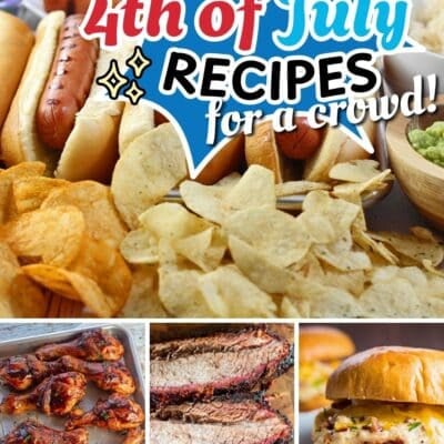 A vibrant collage of 'Best 4th of July Recipes for a crowd!' The top section features classic American cookout staples like hot dogs in buns, a large bowl of crispy potato chips, and a creamy green dip. Below, the collage showcases three mouth-watering dishes: smoky BBQ chicken drumsticks on a baking sheet, perfectly sliced smoked beef brisket revealing a vibrant smoke ring, and a hearty pulled meat sandwich topped with cheese and bacon.