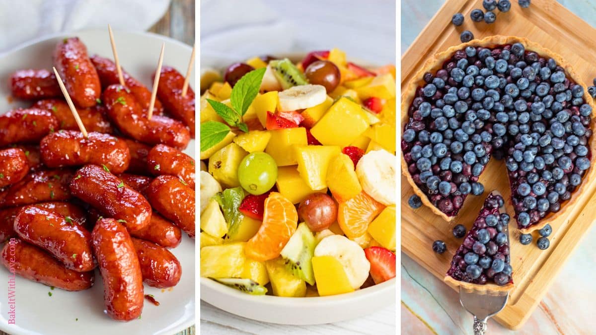 A vertical triptych showcasing three savory dishes perfect for a gathering. On the left, a close-up of a large bowl of hearty baked beans with ground meat and pieces of ham or bacon mixed in. The middle panel shows a metal baking sheet filled with perfectly glazed and sauced BBQ chicken drumsticks. The right panel features a "Hot Dog Bar" setup with grilled hot dogs, buns, a bowl of potato chips, and various condiments and toppings like relish, mustard, ketchup, and sliced jalapeños.