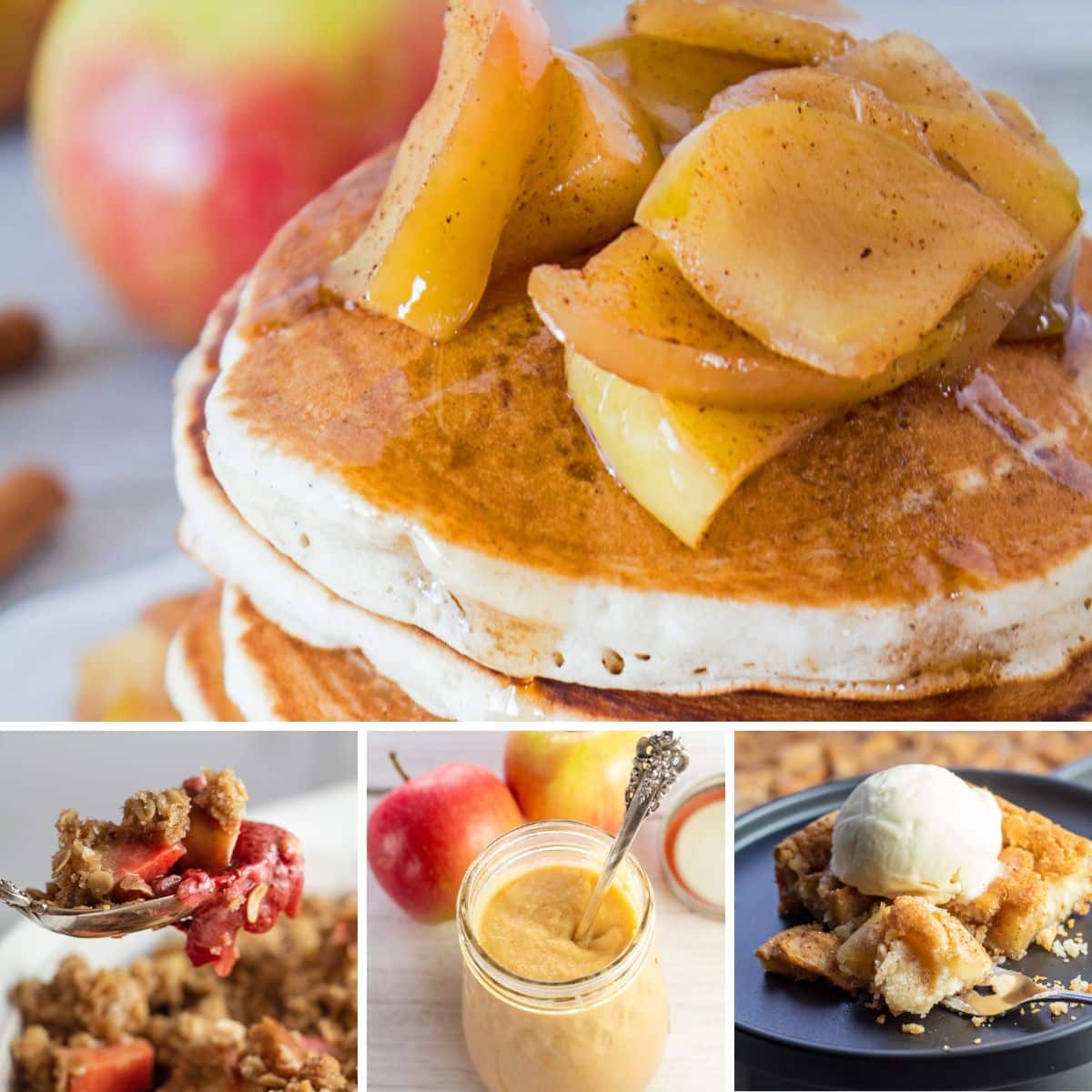 コラージュ画像に4つのレシピが含まれている、曜日を問わず作成して楽しむのに最適なリンゴのレシピ。