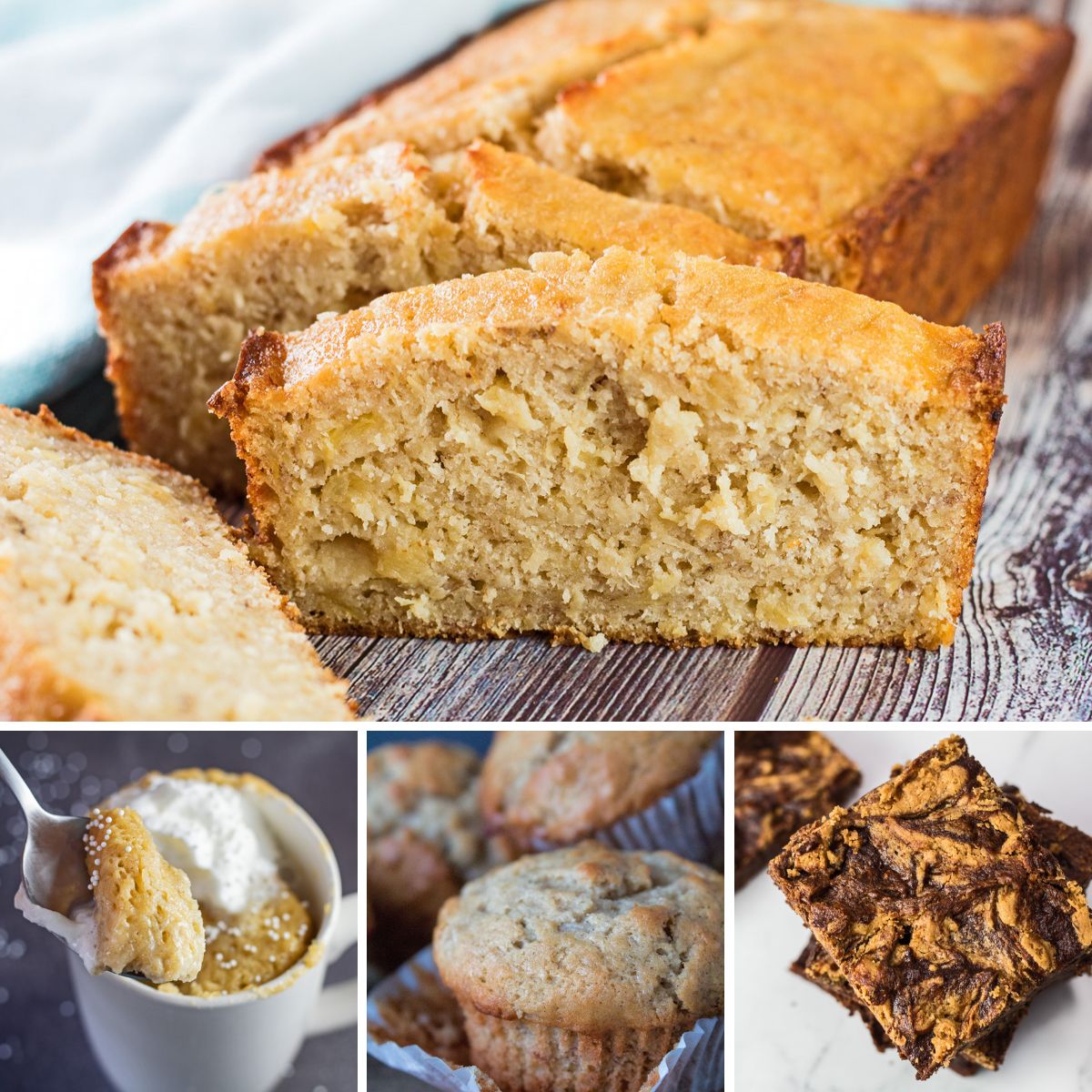 Best banana recipes collection featuring 4 tasty treats in a collage image.