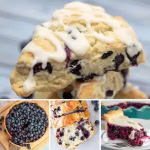 Best blueberry recipes collection featuring four of the tasty breakfasts, snacks, and desserts that you can make in a collage.