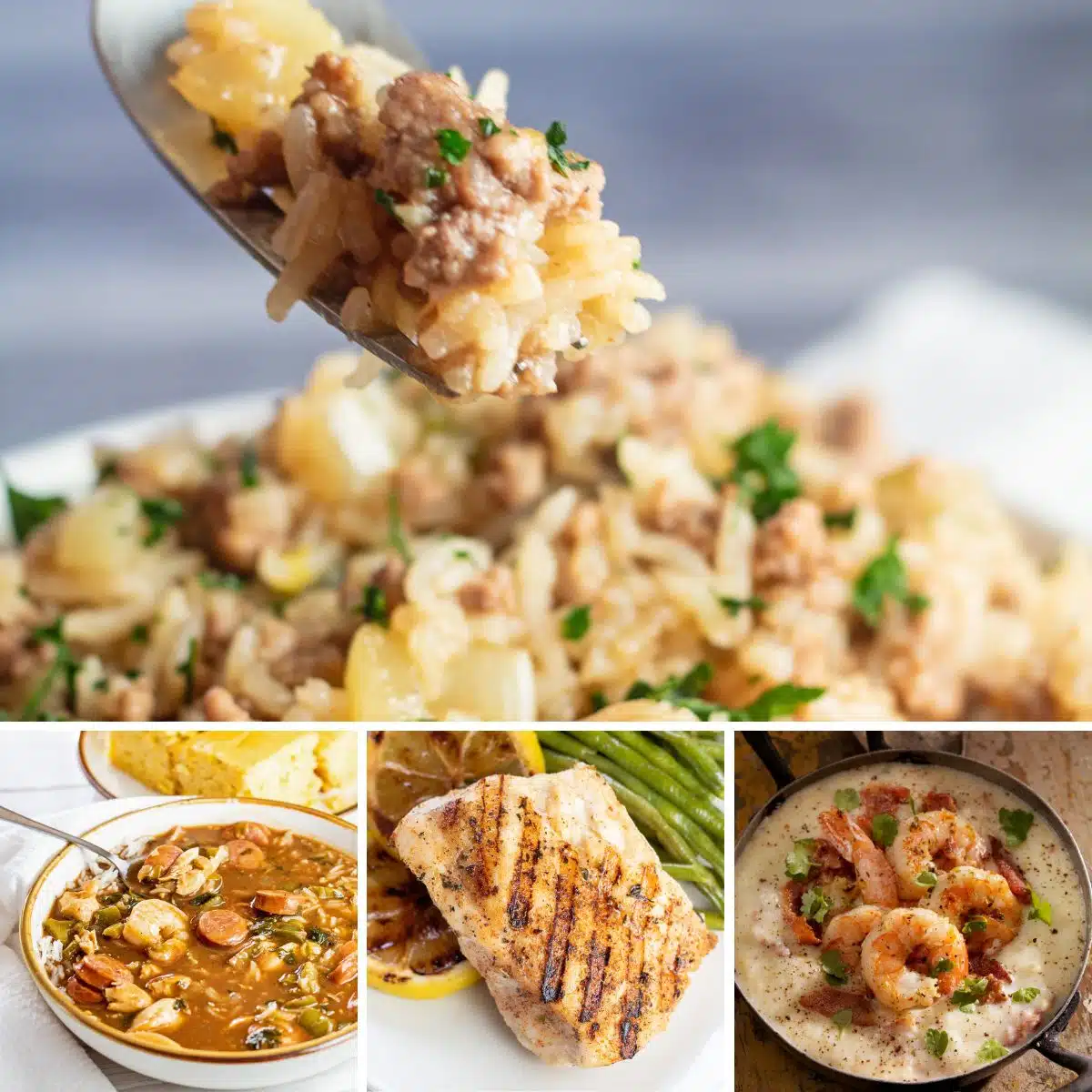 Gambar kolase resep Cajun terbaik yang menampilkan 4 makan malam dan lauk favorit kami.