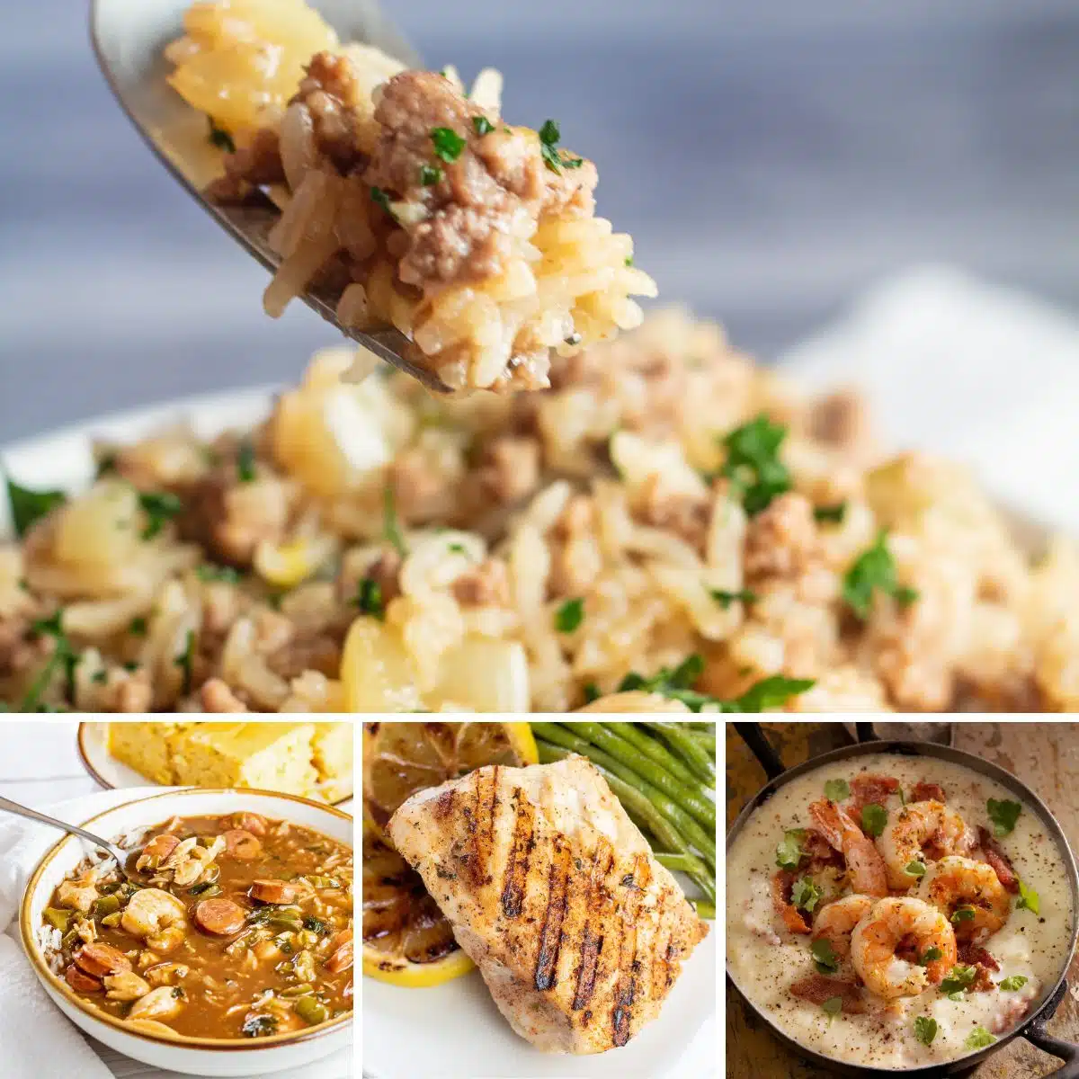 Collagenbild der besten Cajun-Rezepte mit 4 unserer Lieblingsgerichte und Beilagen.