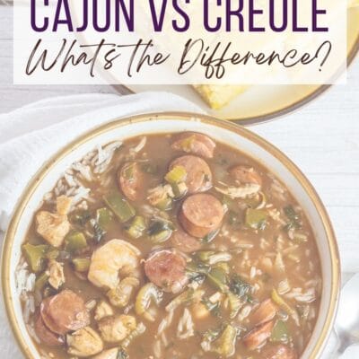 Cajun vs Creole cooking pin with text header over image with vignette layer.