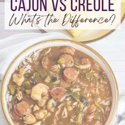 Cajun vs Creole cooking pin with text header over image with vignette layer.