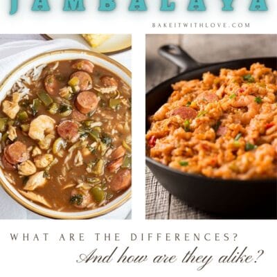 Gumbo vs jambalaya pin with a side by side comparison of the two images and text heading.
