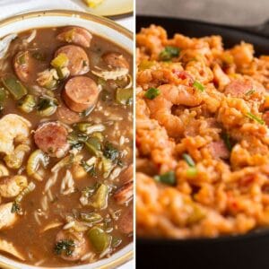 Side by side of gumbo vs jambalaya dishes served up for comparison.