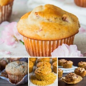Kolase resep muffin terbaik menampilkan 4 muffin untuk dipanggang dan dinikmati.