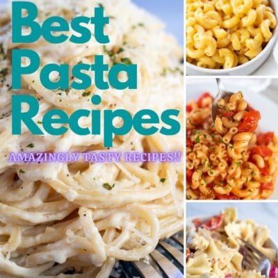 Best pasta recipes pin with 4 recipes featured and text title overlay.