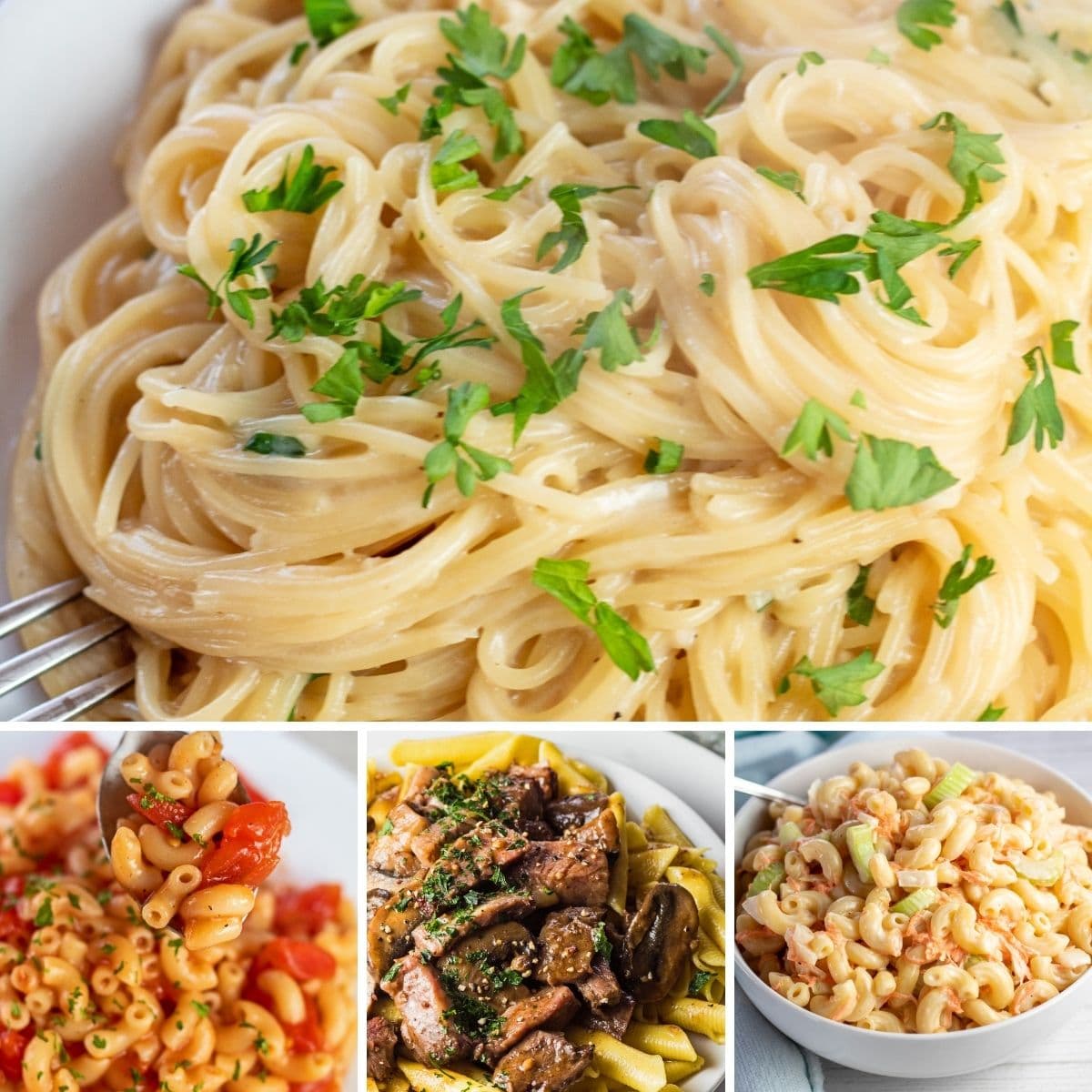 Bedste pastaopskrifter collagebillede med 4 velsmagende retter.