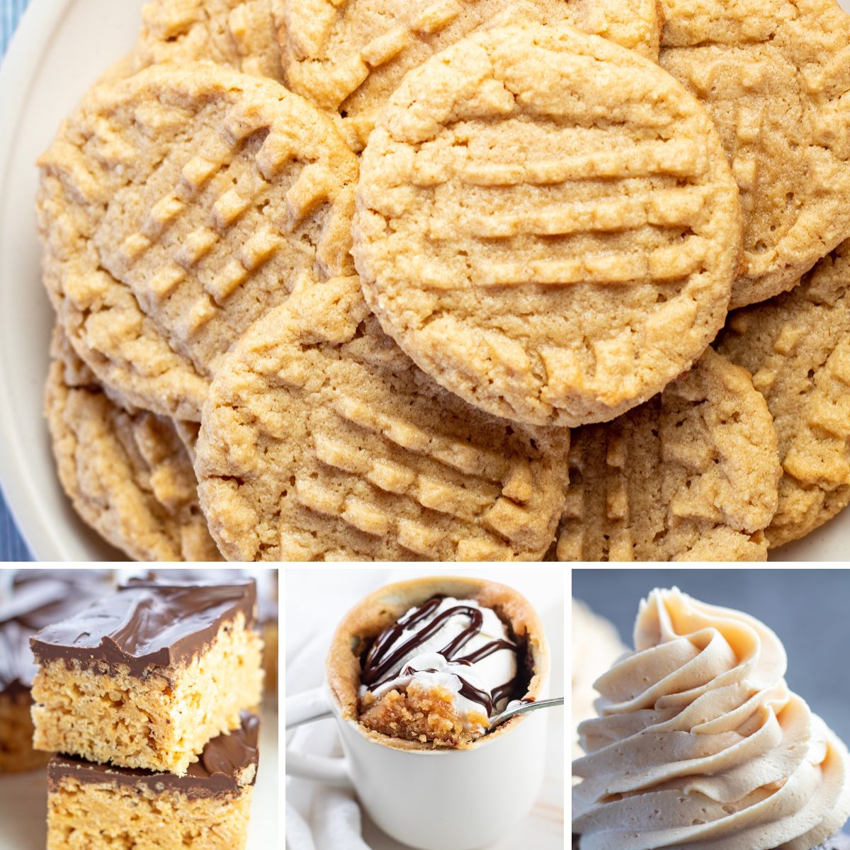 Best peanut butter recipes collage with 4 recipes using peanut butter featured.
