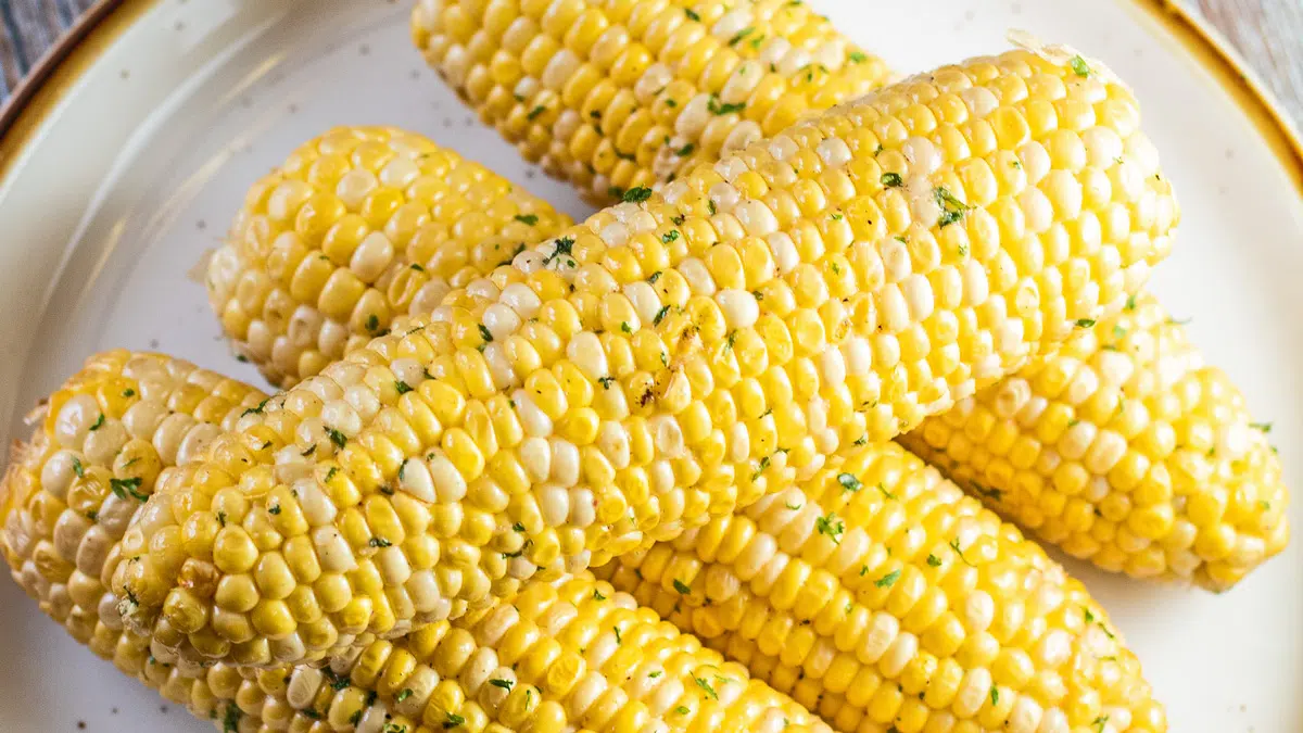 Wide closeup on the buttered smoked corn on the cob.