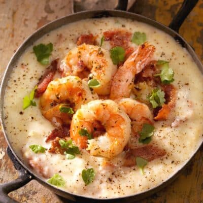 Best Southern shrimp and grits served in cast iron skillet with Cajun shrimp stacked on top.