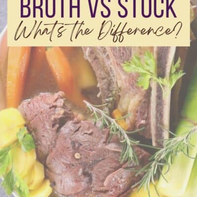 Stock vs broth pin with stock basics image and vignette with text header overlay.