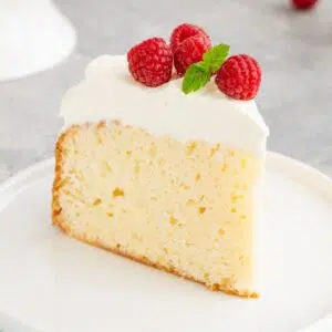 Tres leches cake sliced and served on white plate.