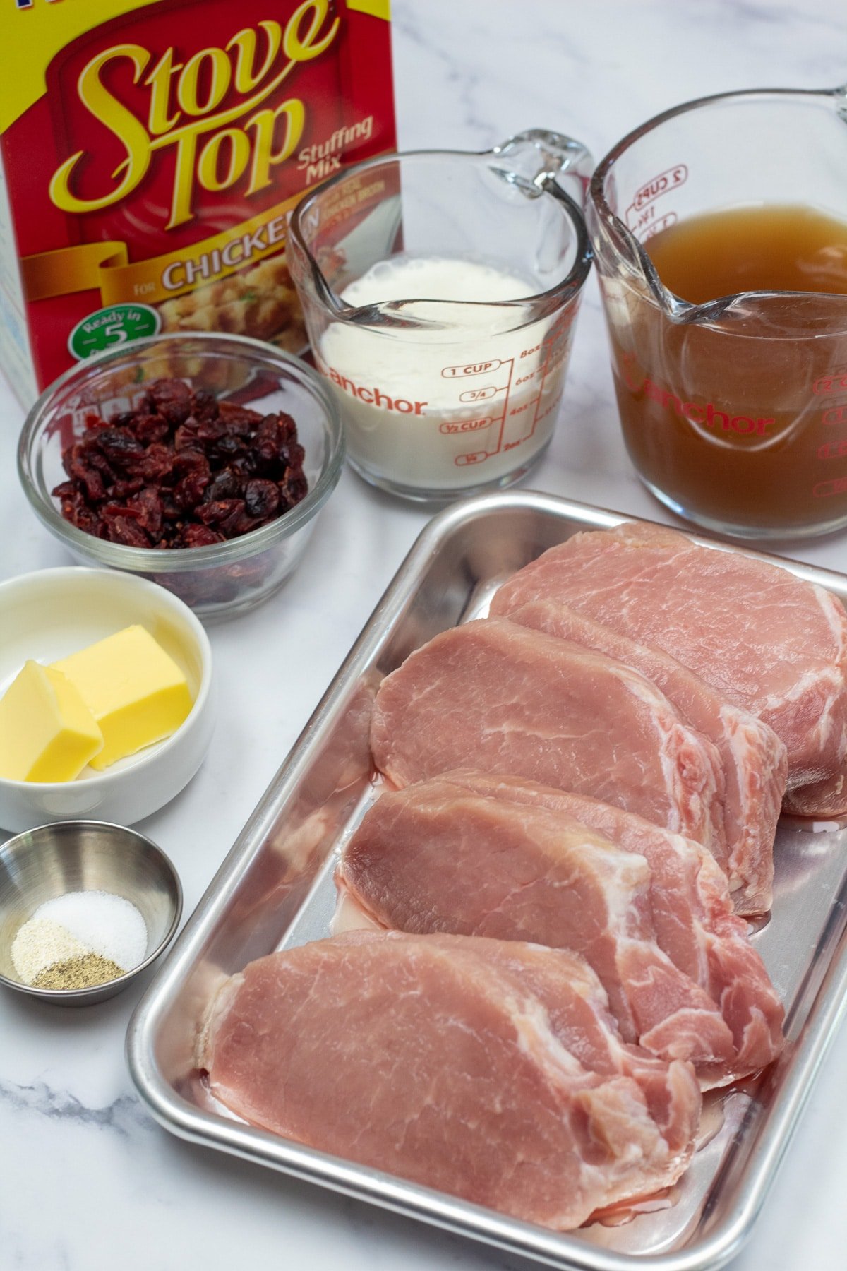 Air fryer stuffed pork chops ingredients ready to assemble and cook.