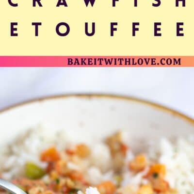 Pin image with text of crawfish etouffee with rice.