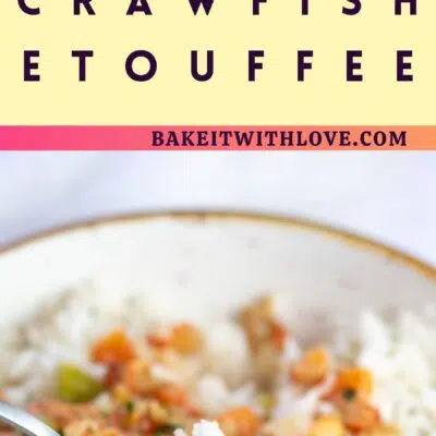 Pin image with text of crawfish etouffee with rice.