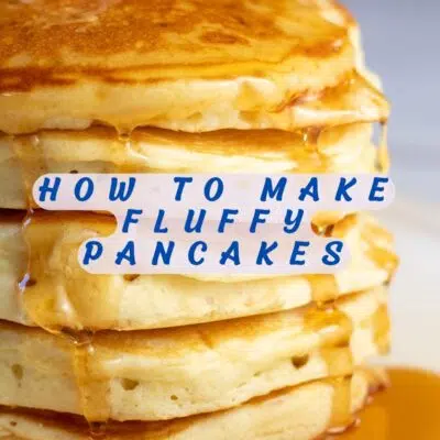 Pin image with text of fluffy pancakes.