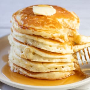 Square image of fluffy pancakes.