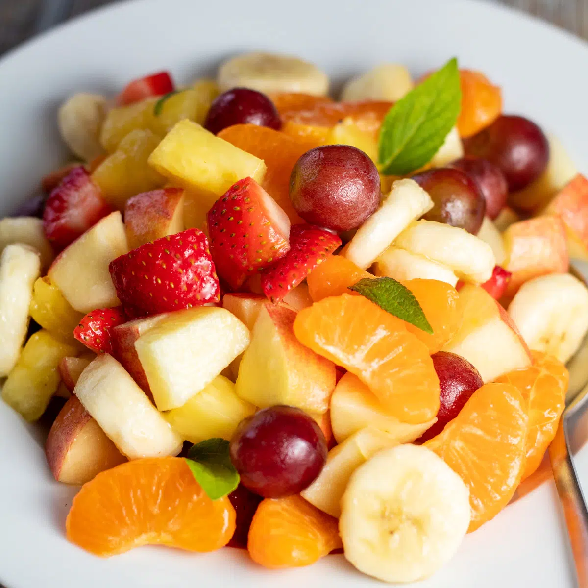 Square image of fruit cocktail salad in a white dish.