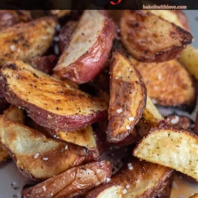 Pin image with text of roasted red potato wedges.